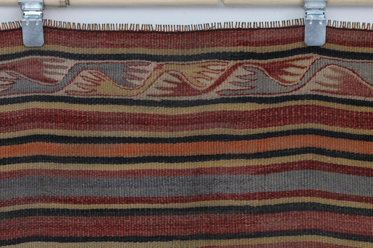 5x7 Vintage Turkish Kilim Rug, Red Striped Flatweave Area Rug, Handmade Wool Cotton Tribal Decor