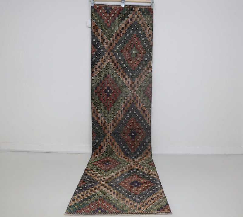 2x10 Vintage Turkish Kilim Runner Rug, Multicolor Oriental Hallway Rug, Handmade Wool Cotton Flatweave