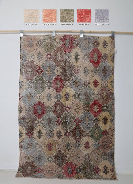 4x6 Vintage Turkish Rug, Multicolor Geometric Wool Cotton Area Rug, Handmade Distressed Boho Decor