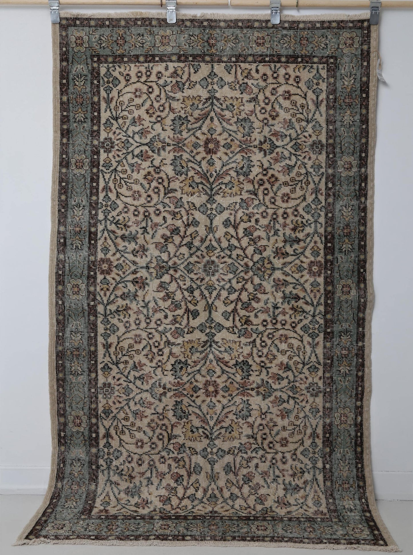 4x7 Vintage Turkish Floral Rug, Beige Green Wool Cotton Runner, Handmade Distressed Traditional Area Rug