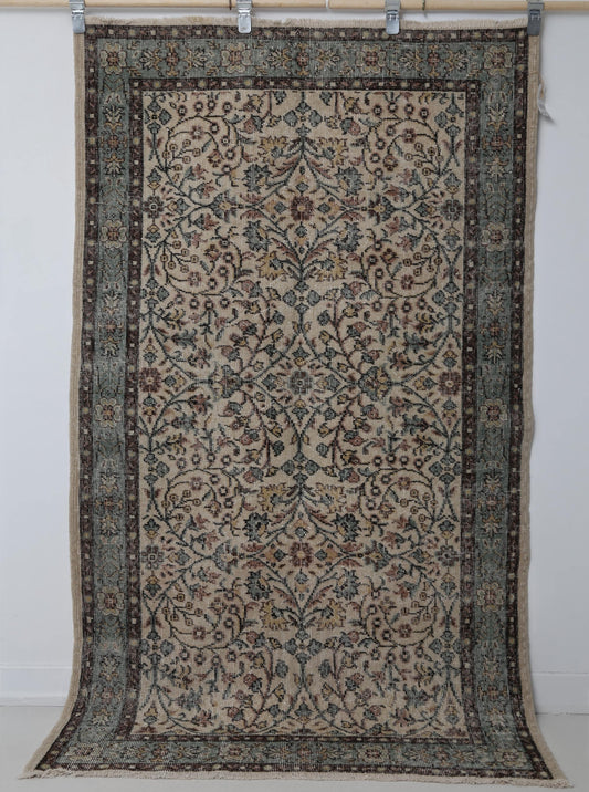 4x7 Vintage Turkish Floral Rug, Beige Green Wool Cotton Runner, Handmade Distressed Traditional Area Rug