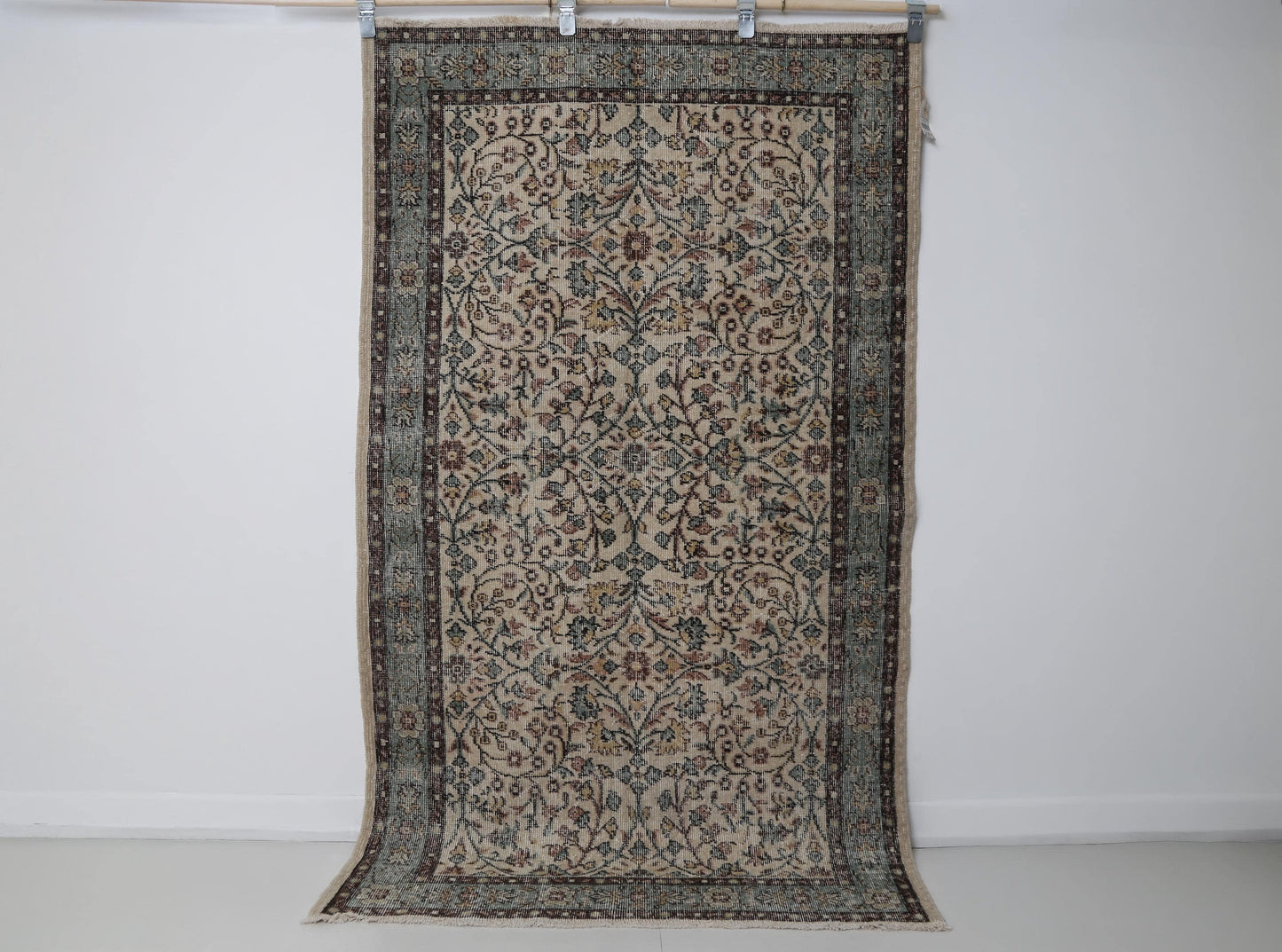 4x7 Vintage Turkish Floral Rug, Beige Green Wool Cotton Runner, Handmade Distressed Traditional Area Rug