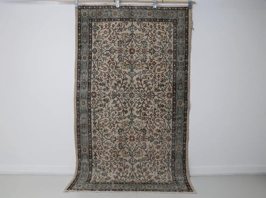4x7 Vintage Turkish Floral Rug, Beige Green Wool Cotton Runner, Handmade Distressed Traditional Area Rug
