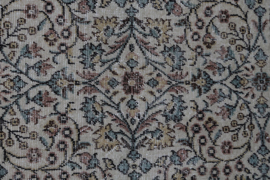4x7 Vintage Turkish Floral Rug, Beige Green Wool Cotton Runner, Handmade Distressed Traditional Area Rug