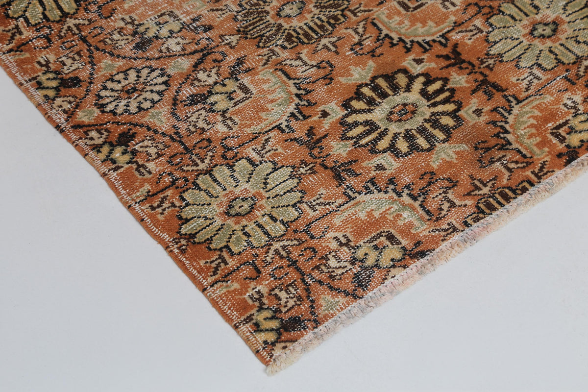 5x8 Vintage Turkish Floral Runner Rug, Orange Beige Wool Cotton Rug, Handmade Distressed Hallway Area Rug