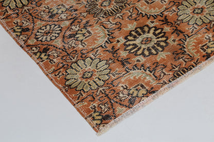 5x8 Vintage Turkish Floral Runner Rug, Orange Beige Wool Cotton Rug, Handmade Distressed Hallway Area Rug
