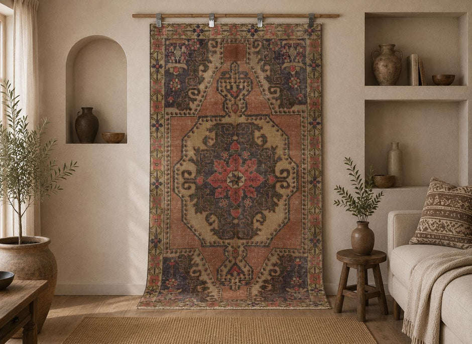 4x7 vintage Turkish medallion rug, multicolor distressed area rug