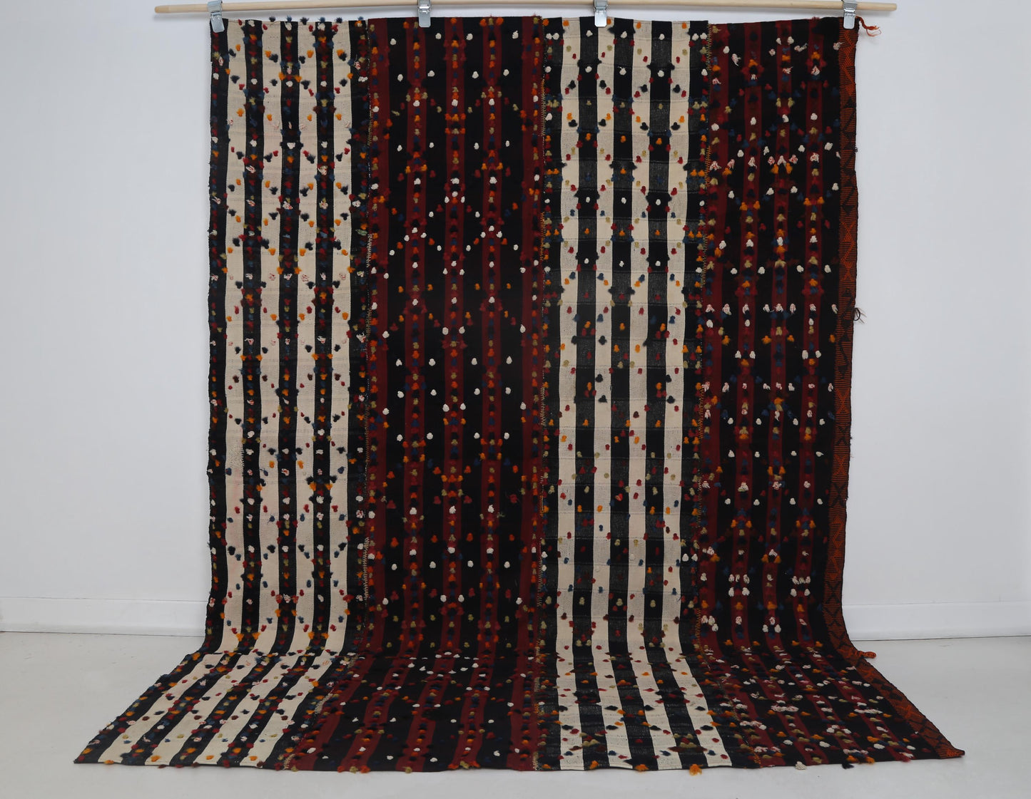 6x8 Vintage Kilim Curtain Rug, Red Black Striped Handmade Flatweave, Boho Wool Cotton Area Rug