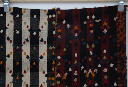 6x8 Vintage Kilim Curtain Rug, Red Black Striped Handmade Flatweave, Boho Wool Cotton Area Rug