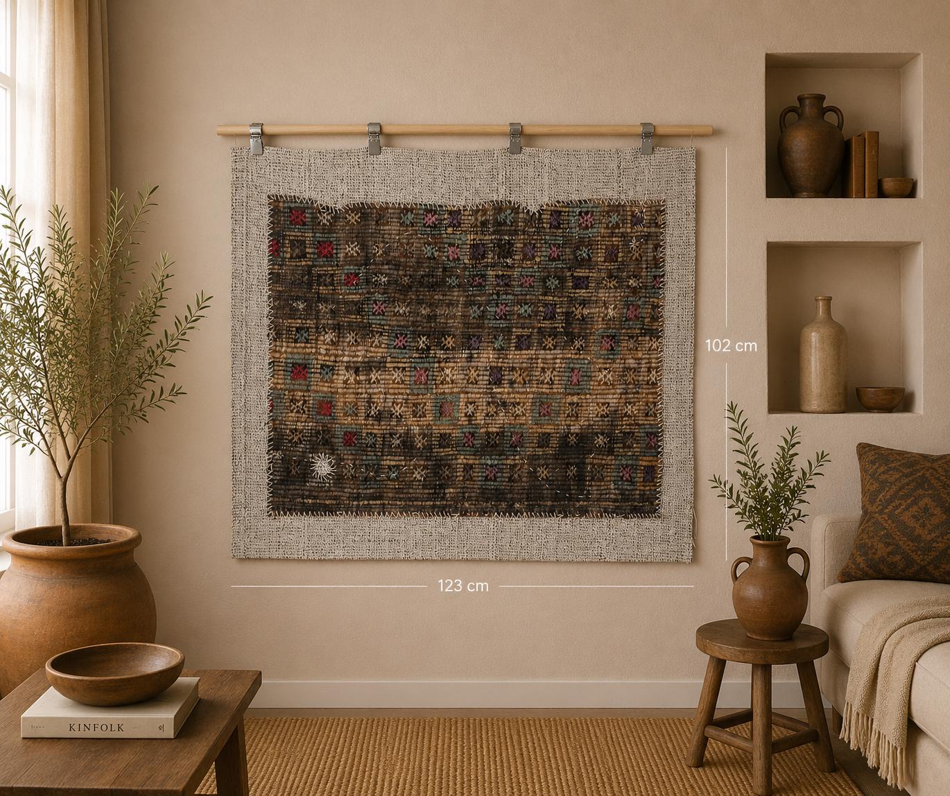 3x4 Vintage Turkish Tapestry Rug, Brown Beige Wool Wall Hanging, Handmade Textile Fiber Art