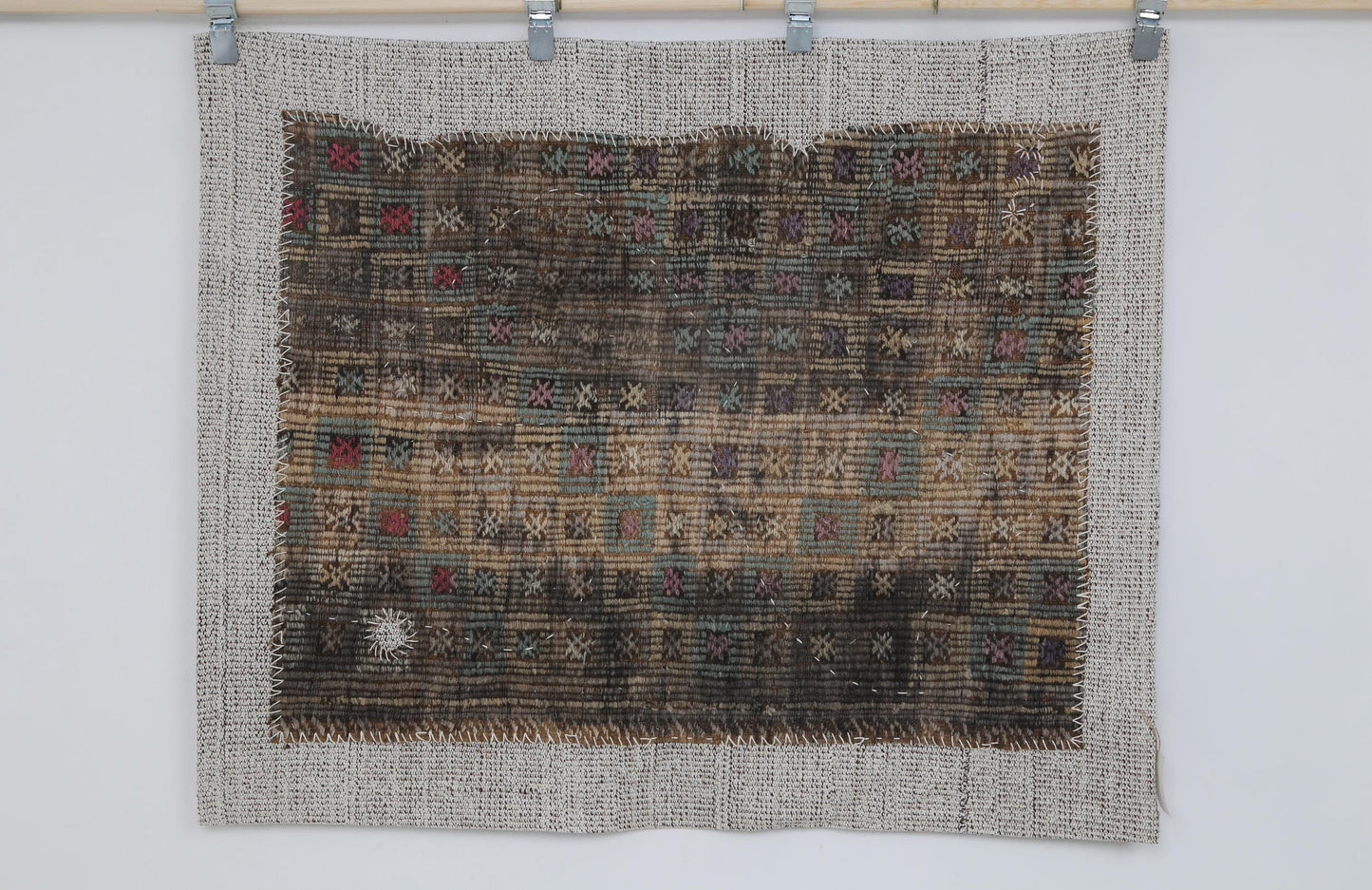 3x4 Vintage Turkish Tapestry Rug, Brown Beige Wool Wall Hanging, Handmade Textile Fiber Art