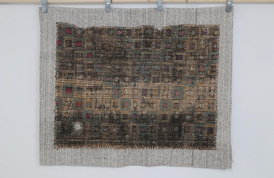3x4 Vintage Turkish Tapestry Rug, Brown Beige Wool Wall Hanging, Handmade Textile Fiber Art
