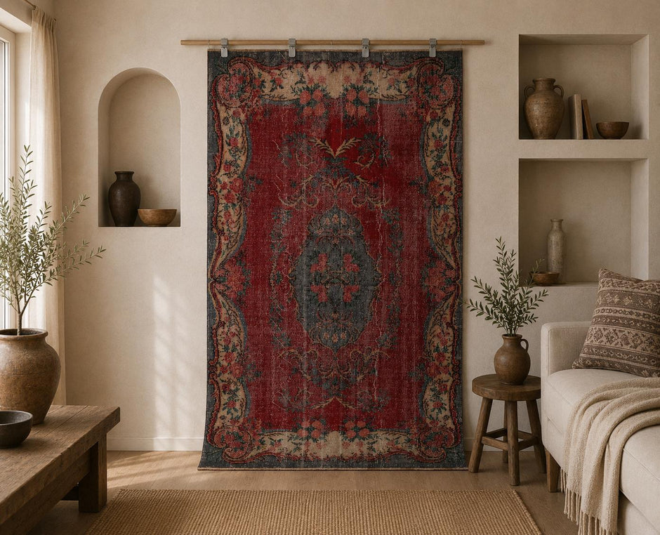 5x8 vintage Turkish oriental rug, red beige distressed medallion area rug