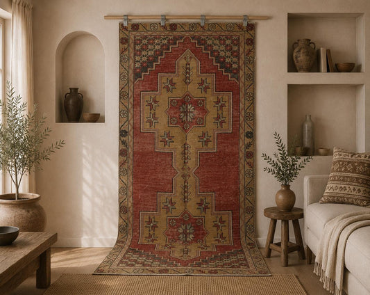 4x8 Vintage Turkish Runner Rug, Red Yellow Oriental Hallway Rug, Handmade Distressed Wool Cotton Decor