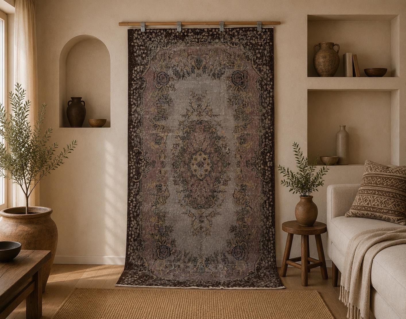 4x7 Vintage Turkish Rug, Gray Pink Oriental Area Rug, Distressed Wool Cotton Carpet