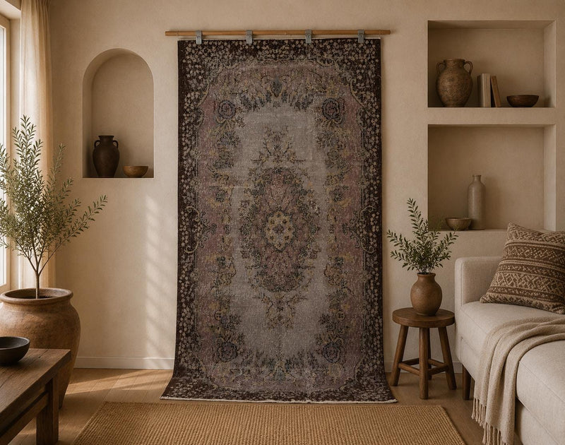 4x7 Vintage Turkish Rug, Gray Pink Oriental Area Rug, Distressed Wool Cotton Carpet