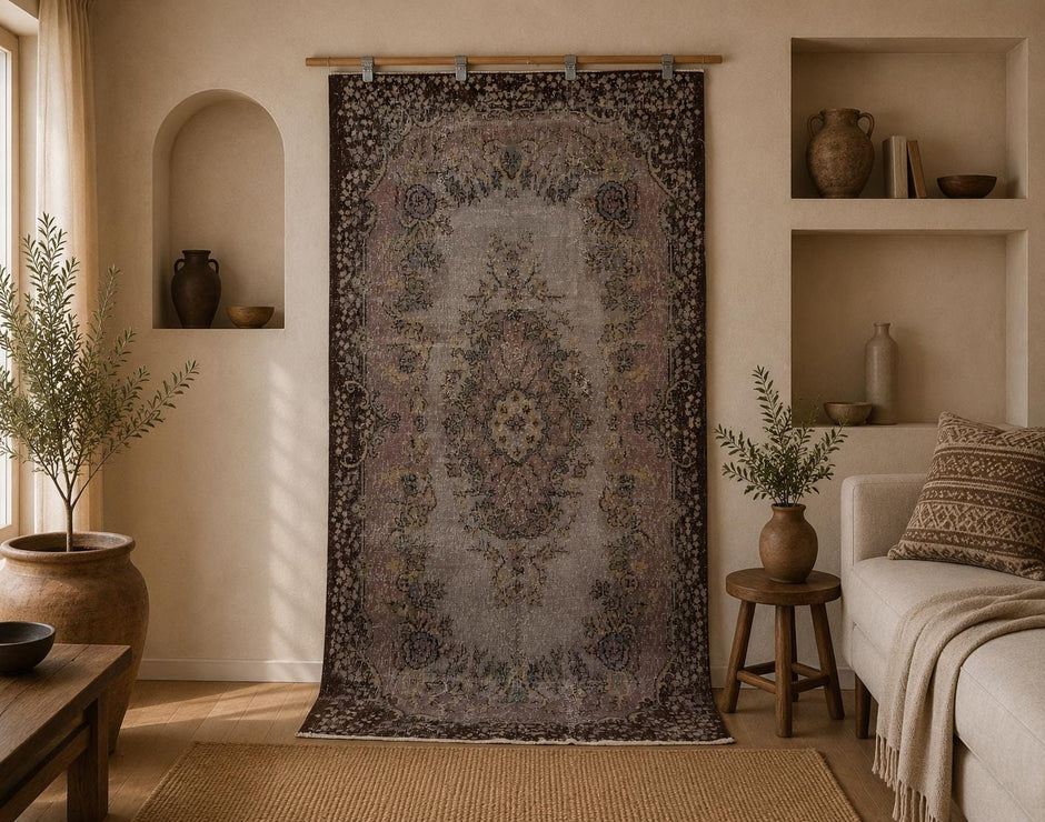 4x7 vintage Turkish oriental rug, gray pink distressed hallway carpet