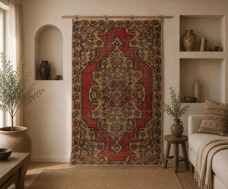 4x7 Vintage Turkish Rug, Red Beige Oriental Area Rug, Handmade Distressed Wool Cotton Decor