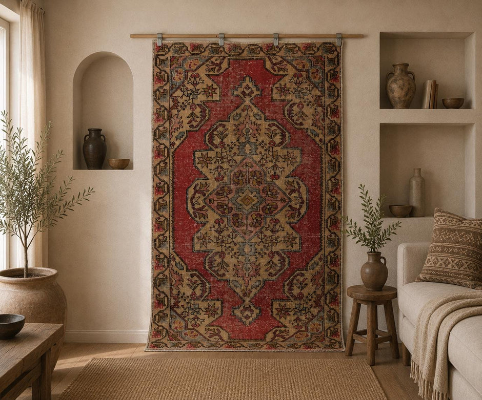 4x7 vintage Turkish oriental rug, red beige distressed area rug