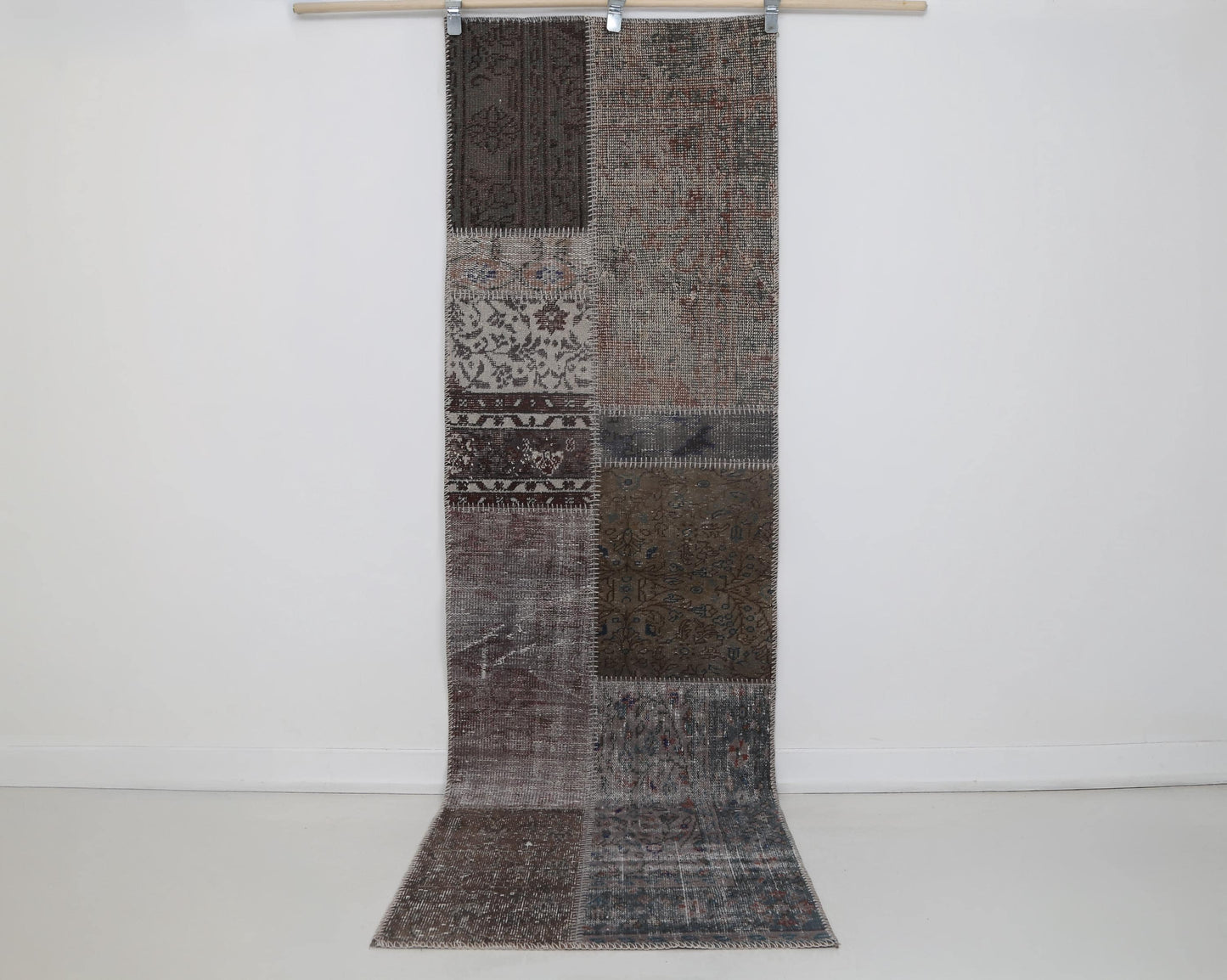 2x8 Vintage Patchwork Runner Rug, Brown Beige Handmade Hallway Rug, Wool Cotton Flatweave Carpet