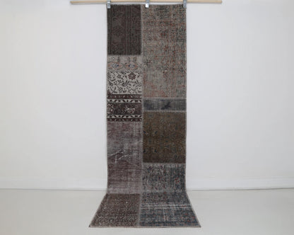 2x8 Vintage Patchwork Runner Rug, Brown Beige Handmade Hallway Rug, Wool Cotton Flatweave Carpet