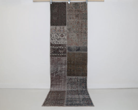 2x8 Vintage Patchwork Runner Rug, Brown Beige Handmade Hallway Rug, Wool Cotton Flatweave Carpet