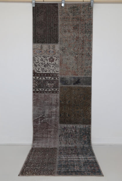 2x8 Vintage Patchwork Runner Rug, Brown Beige Handmade Hallway Rug, Wool Cotton Flatweave Carpet