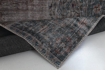 2x8 Vintage Patchwork Runner Rug, Brown Beige Handmade Hallway Rug, Wool Cotton Flatweave Carpet