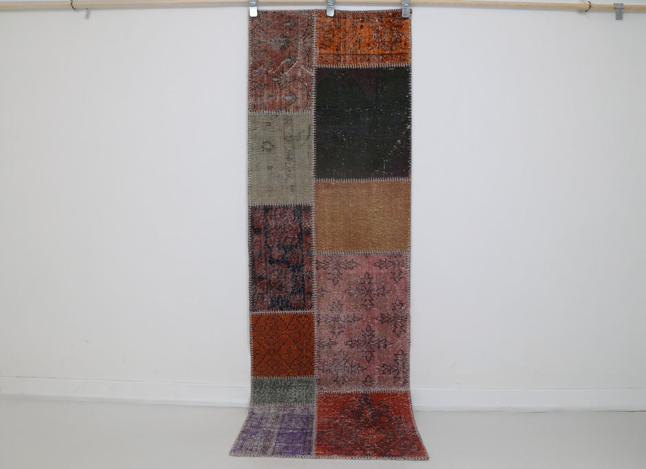 2x8 vintage Turkish patchwork runner rug, multicolor hallway rug