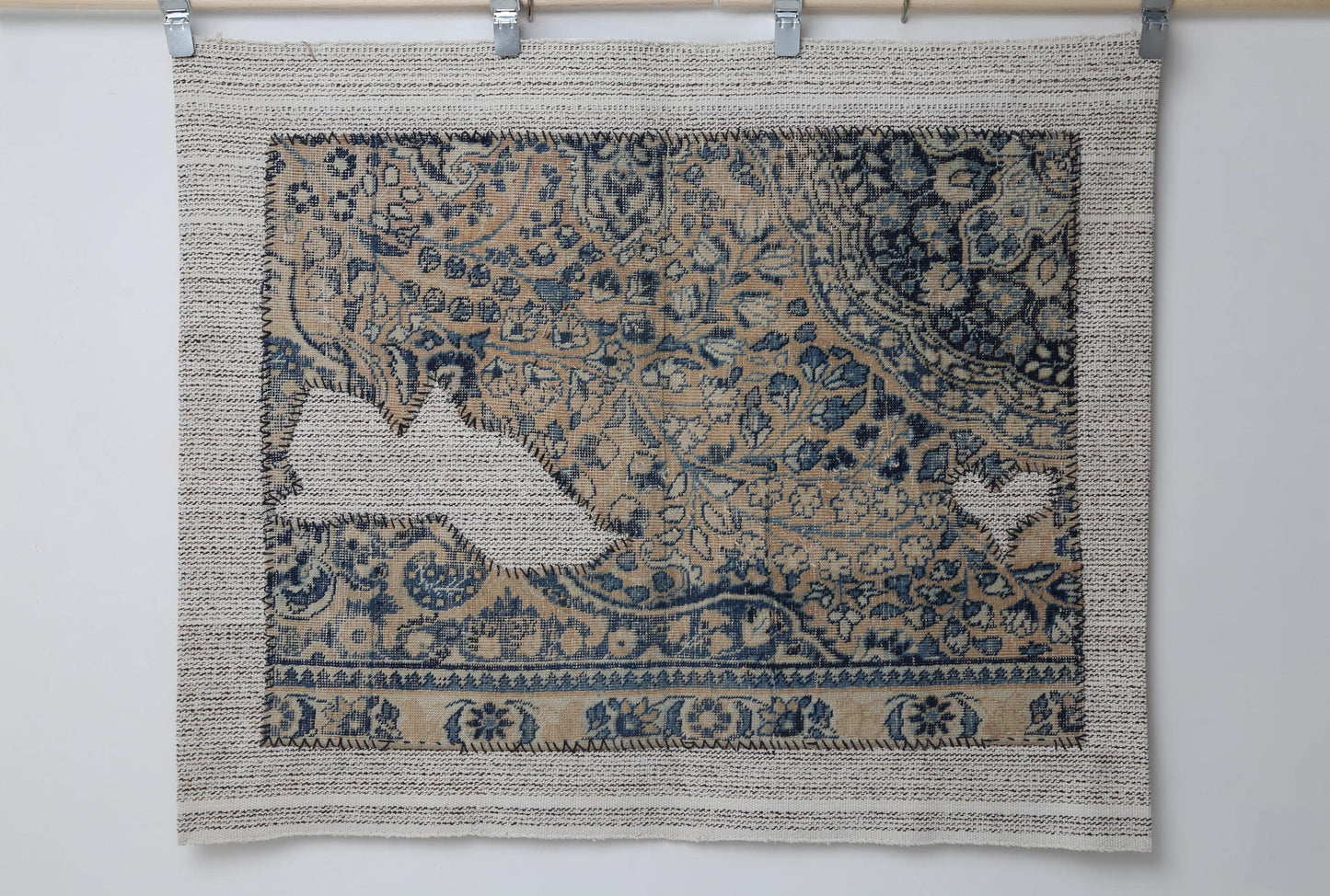 3x4 Vintage Turkish Tapestry Rug, Blue Beige Flatweave Wall Hanging, Handmade Textile Wall Art