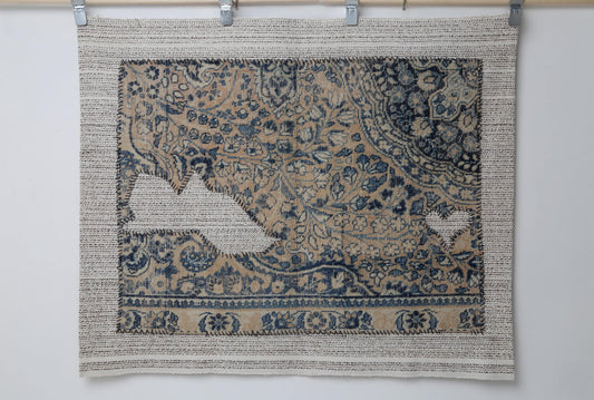 3x4 Vintage Turkish Tapestry Rug, Blue Beige Flatweave Wall Hanging, Handmade Textile Wall Art