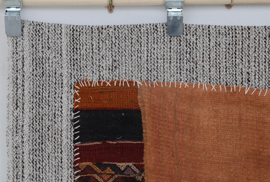 3x4 Vintage Turkish Tapestry Rug, Orange Hemp Wool Wall Hanging, Handmade Tribal Textile Art