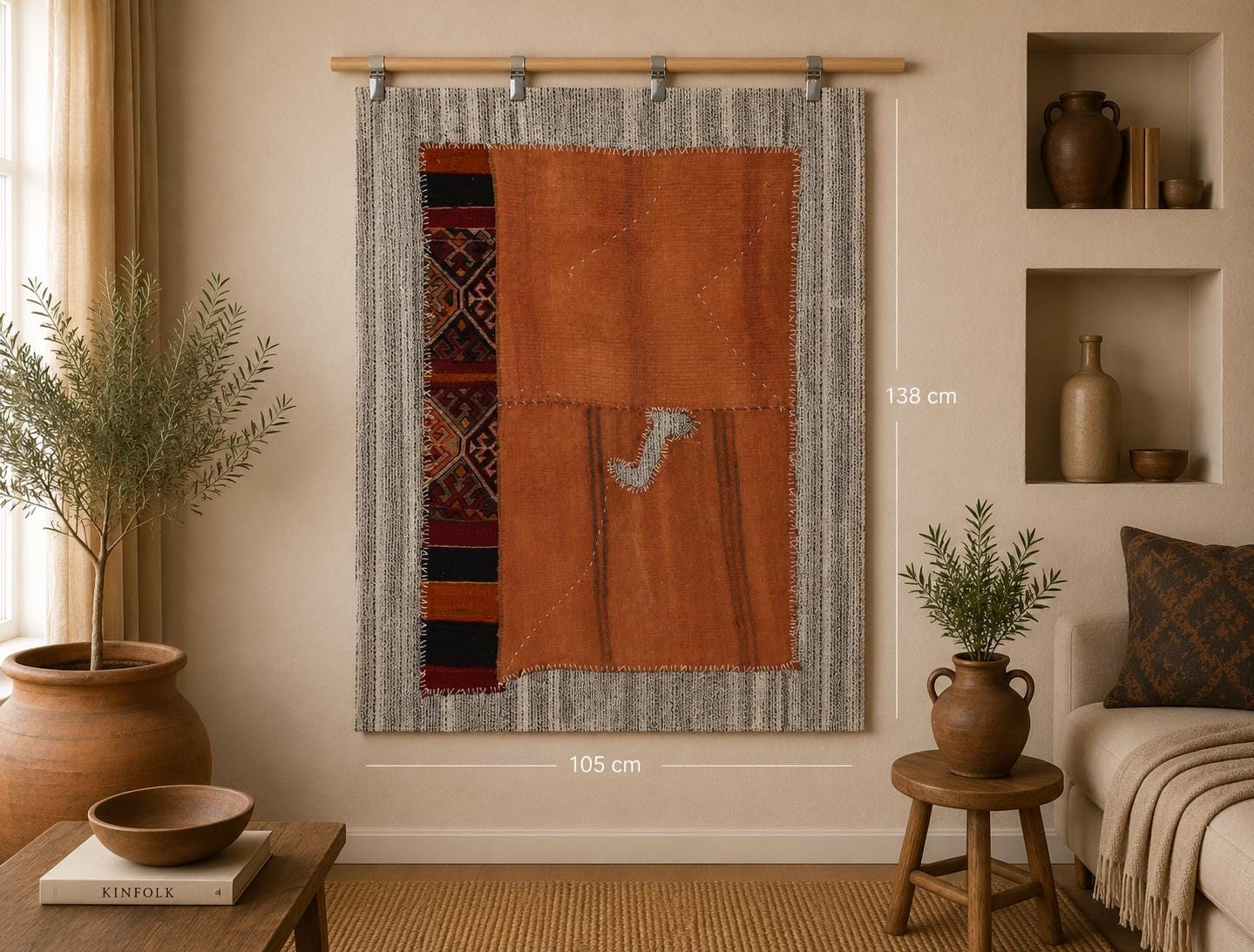 3x4 Vintage Turkish Tapestry Rug, Orange Hemp Wool Wall Hanging, Handmade Tribal Textile Art