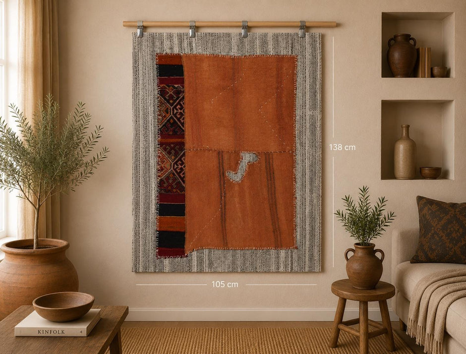 3x4 Vintage Turkish Tapestry Rug, Orange Hemp Wool Wall Hanging, Handmade Tribal Textile Art