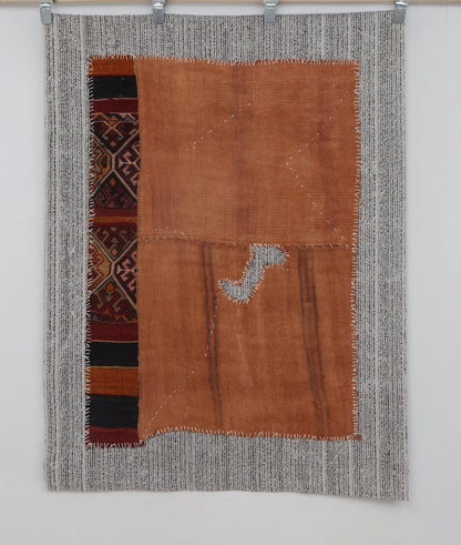 3x4 Vintage Turkish Tapestry Rug, Orange Hemp Wool Wall Hanging, Handmade Tribal Textile Art