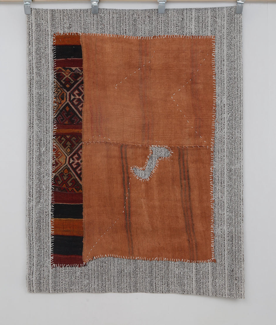 3x4 Vintage Turkish Tapestry Rug, Orange Hemp Wool Wall Hanging, Handmade Tribal Textile Art