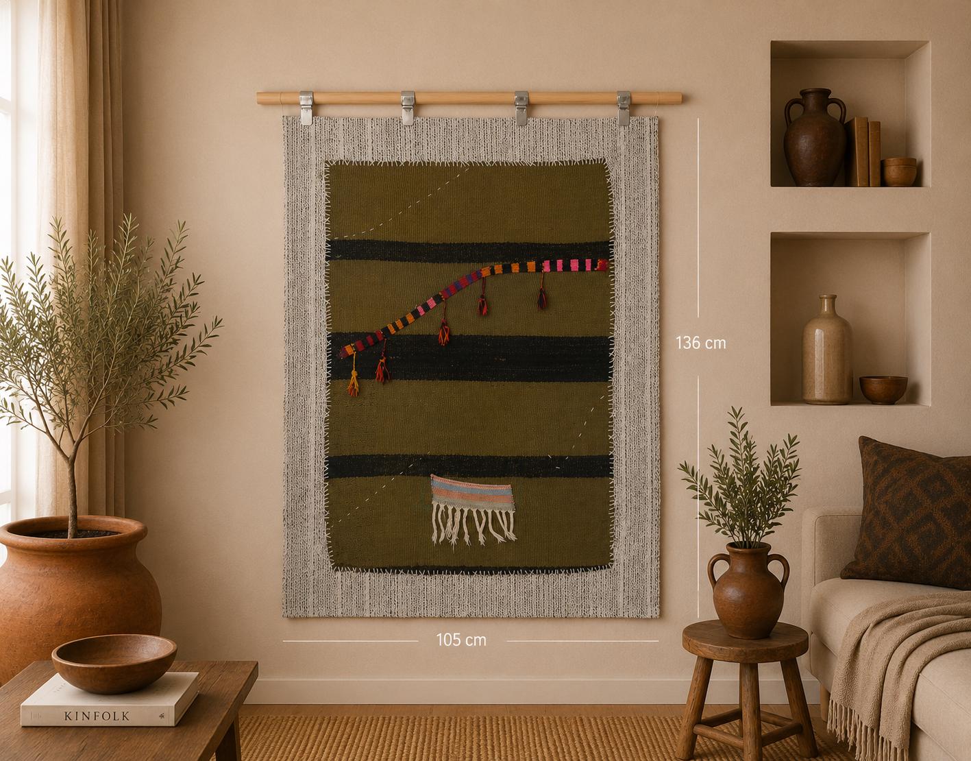 3x4 Vintage Turkish Tapestry Rug, Green Black Hemp Wool Wall Hanging, Handmade Minimal Textile Art