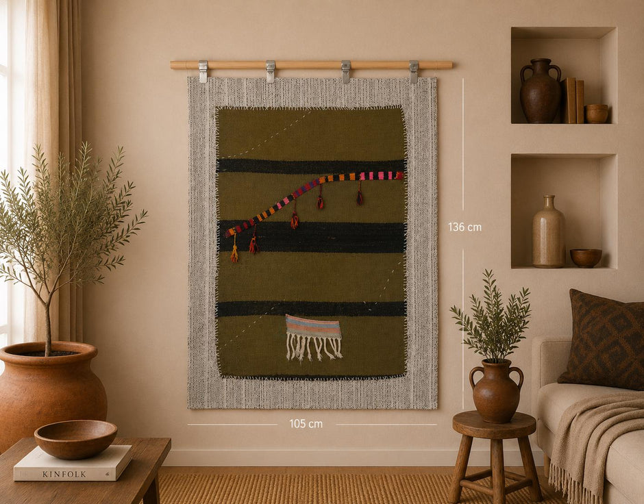 3x4 Vintage Turkish Tapestry Rug, Green Black Hemp Wool Wall Hanging, Handmade Minimal Textile Art