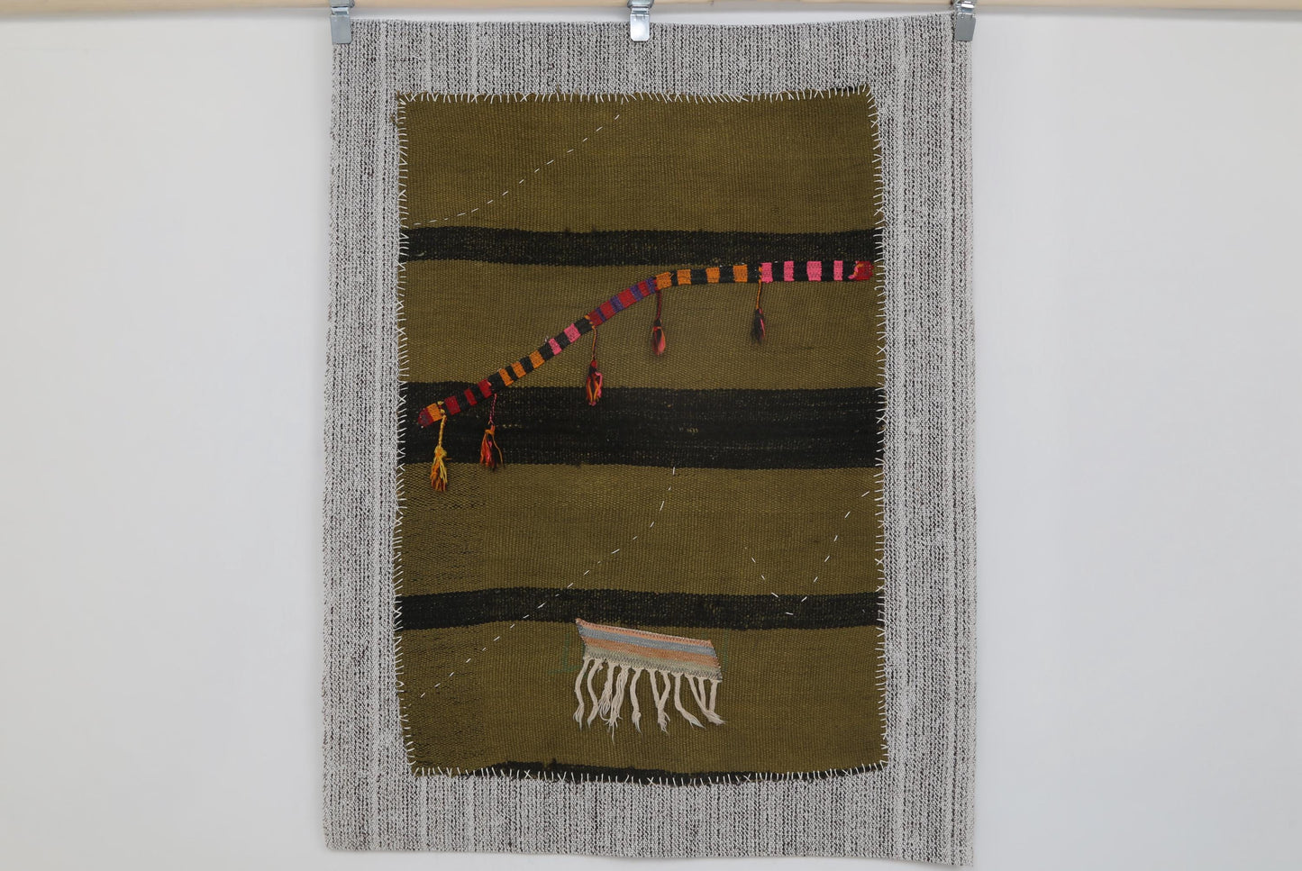 3x4 Vintage Turkish Tapestry Rug, Green Black Hemp Wool Wall Hanging, Handmade Minimal Textile Art