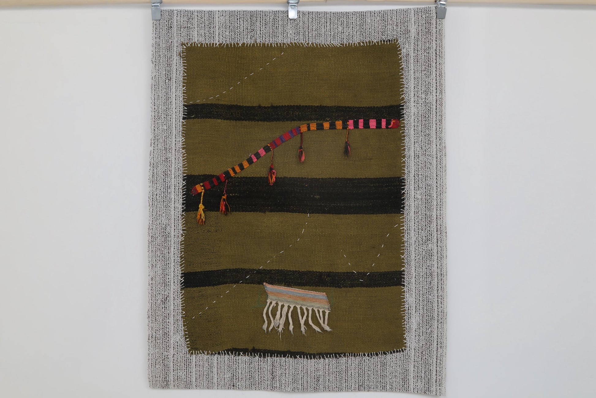 3x4 Vintage Turkish Tapestry Rug, Green Black Hemp Wool Wall Hanging, Handmade Minimal Textile Art