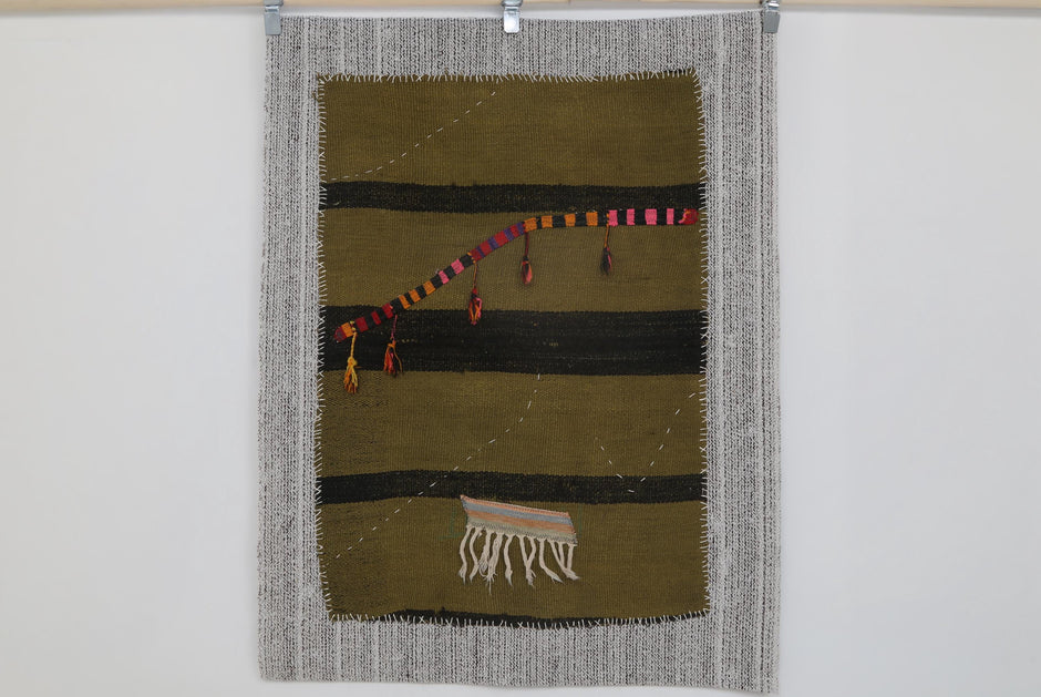 3x4 Vintage Turkish Tapestry Rug, Green Black Hemp Wool Wall Hanging, Handmade Minimal Textile Art