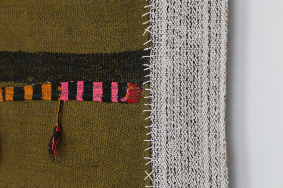 3x4 Vintage Turkish Tapestry Rug, Green Black Hemp Wool Wall Hanging, Handmade Minimal Textile Art