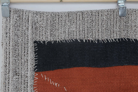 3x6 Vintage Turkish Tapestry Rug, Orange Blue Hemp Wool Wall Hanging, Handmade Minimal Textile Decor