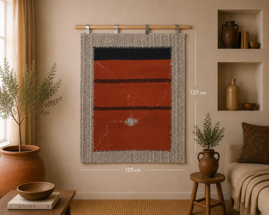 3x6 Vintage Turkish Tapestry Rug, Orange Blue Hemp Wool Wall Hanging, Handmade Minimal Textile Decor