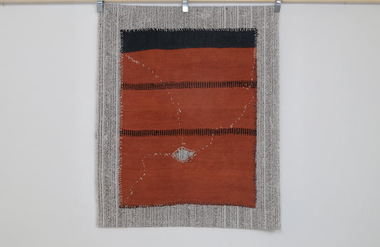 3x6 Vintage Turkish Tapestry Rug, Orange Blue Hemp Wool Wall Hanging, Handmade Minimal Textile Decor