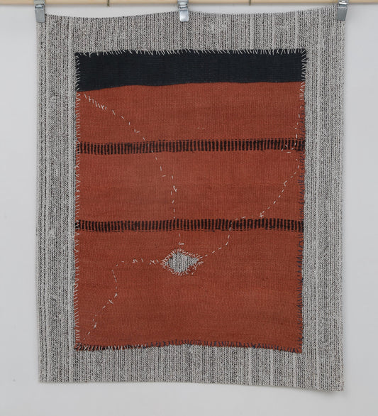 3x6 Vintage Turkish Tapestry Rug, Orange Blue Hemp Wool Wall Hanging, Handmade Minimal Textile Decor