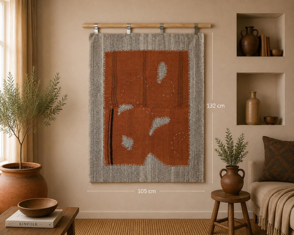 3x4 Vintage Hemp Tapestry Rug, Handmade Orange Minimal Wall Hanging, Rustic Fiber Textile Decor