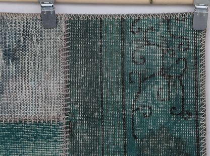 2x8 Vintage Patchwork Runner Rug, Green Turkish Hallway Rug, Handmade Wool Cotton Flatweave Runner