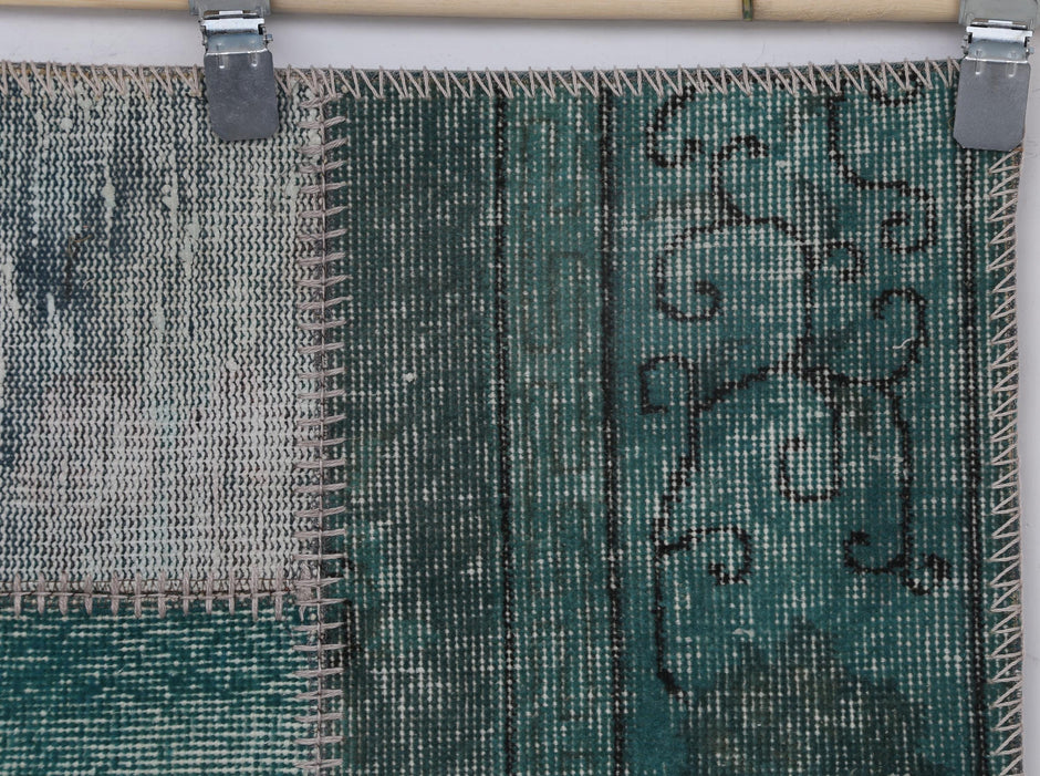 2x8 Vintage Patchwork Runner Rug, Green Turkish Hallway Rug, Handmade Wool Cotton Flatweave Runner