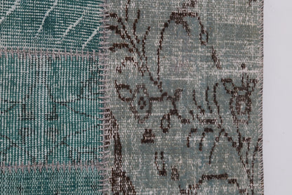 2x8 Vintage Patchwork Runner Rug, Green Turkish Hallway Rug, Handmade Wool Cotton Flatweave Runner
